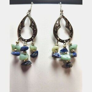 Boho Silver Tone Teardrop Earrings with Blue & Green Gemstone Chip Dangles